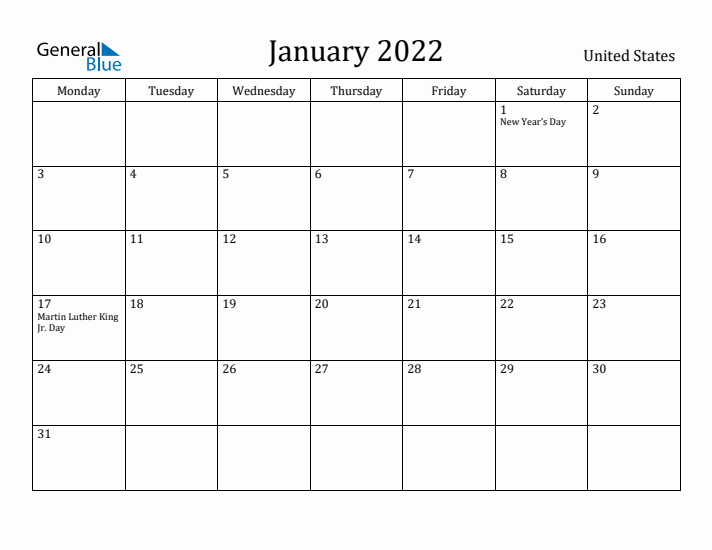 January 2022 United States Monthly Calendar With Holidays