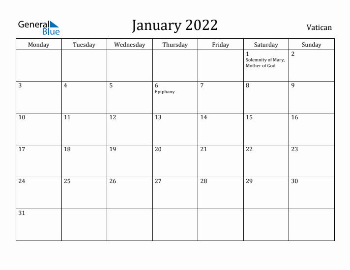 January 2022 Calendar Vatican