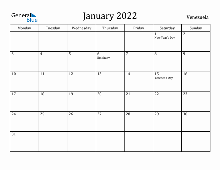 January 2022 Calendar Venezuela