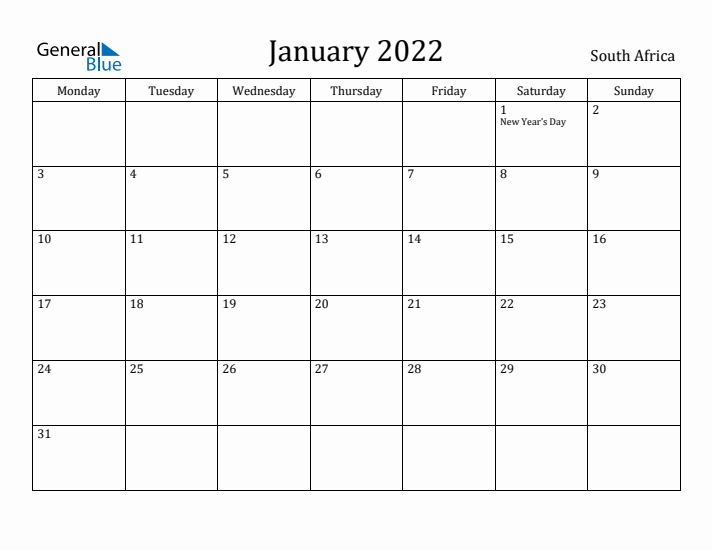 January 2022 South Africa Monthly Calendar With Holidays