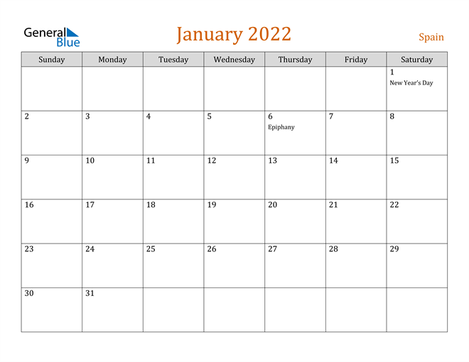 Spain January 2022 Calendar With Holidays