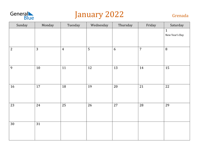 grenada january 2022 calendar with holidays