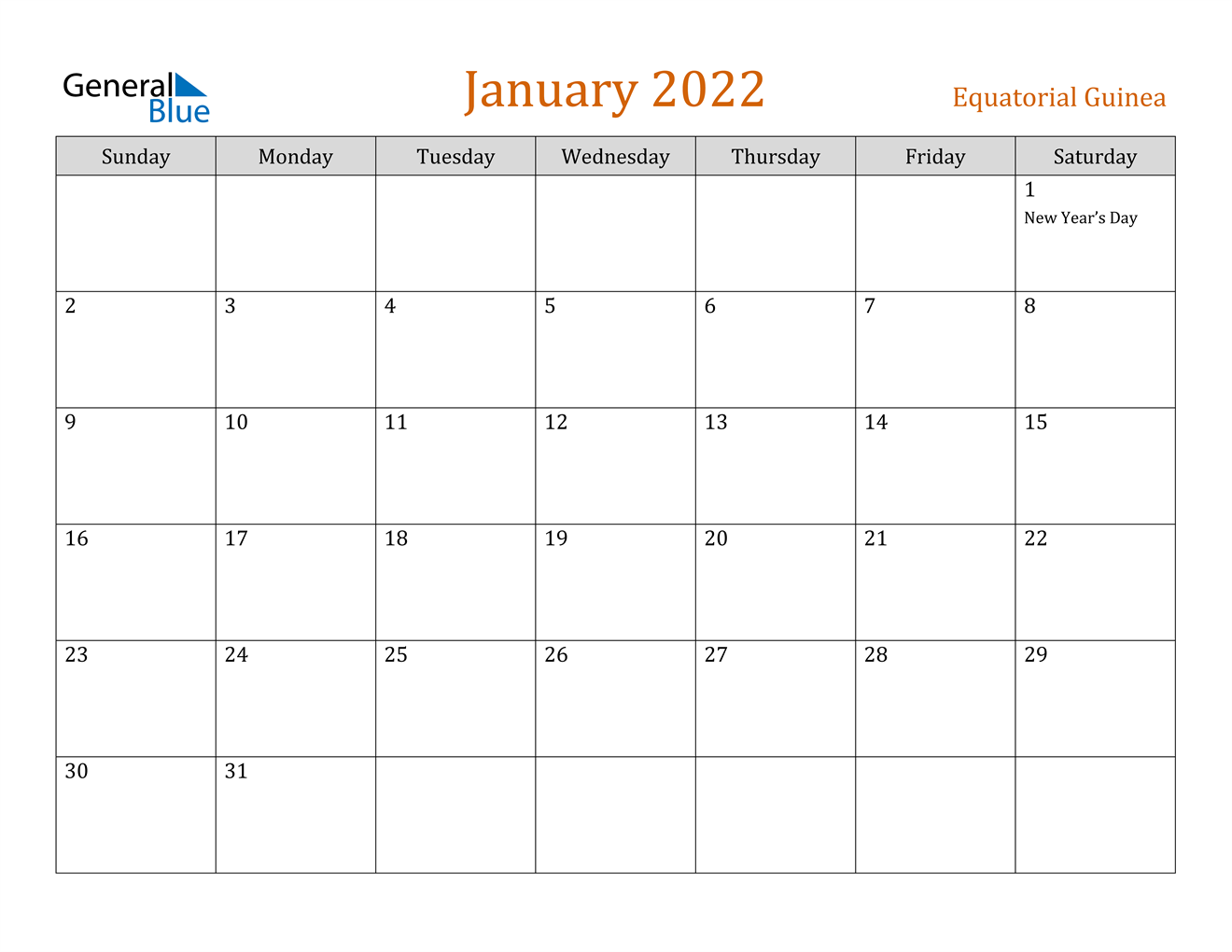 january 2022 calendar equatorial guinea