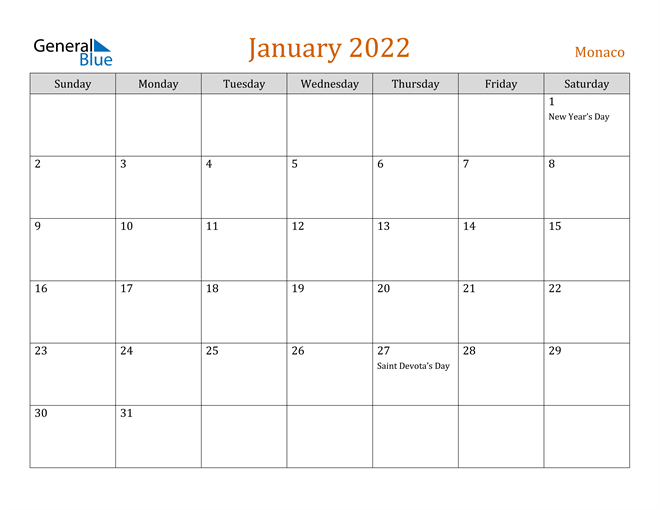 monaco january 2022 calendar with holidays