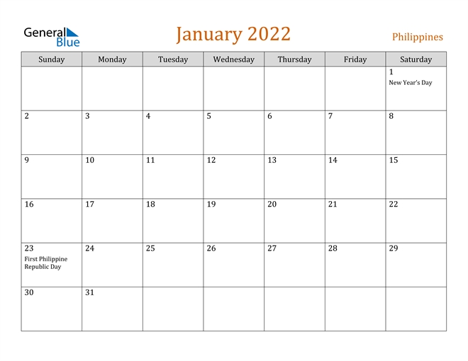 philippines january 2022 calendar with holidays