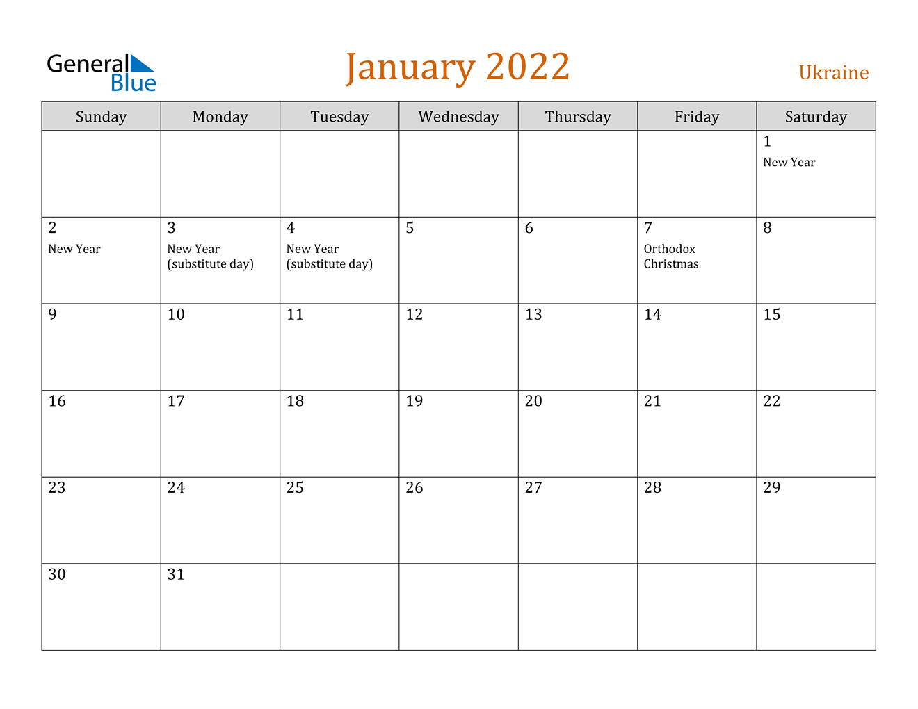 january 2022 calendar ukraine