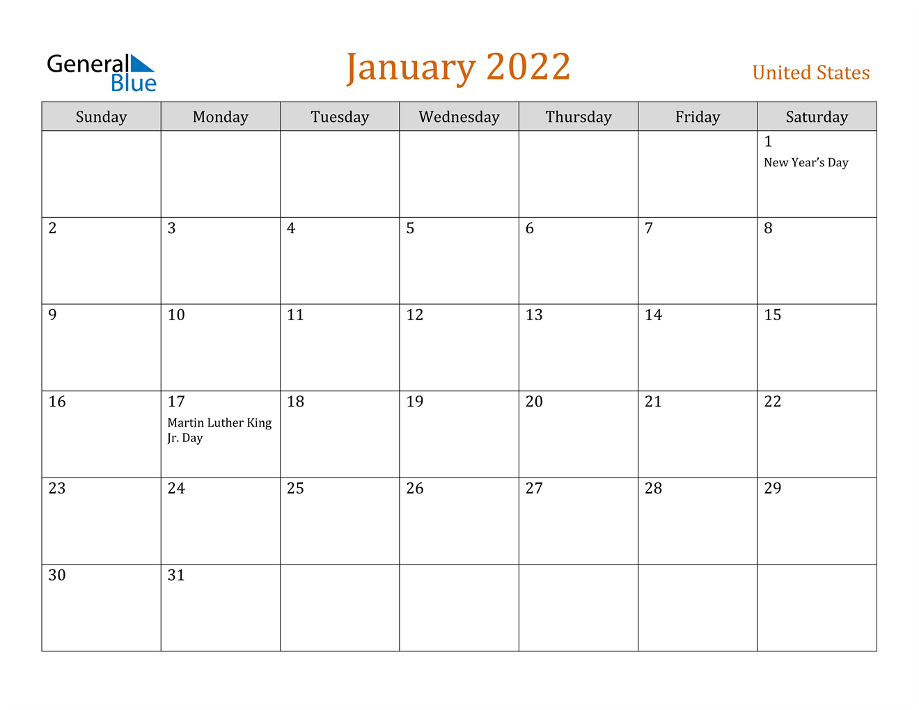 January 2022 Calendar - United States