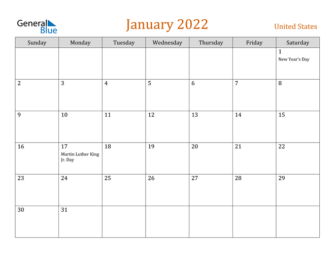 United States January 2022 Calendar With Holidays