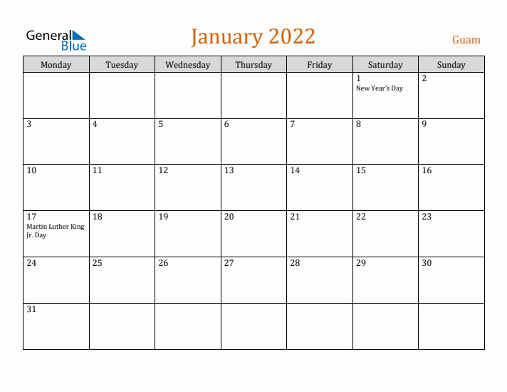 January 2022 Holiday Calendar with Monday Start