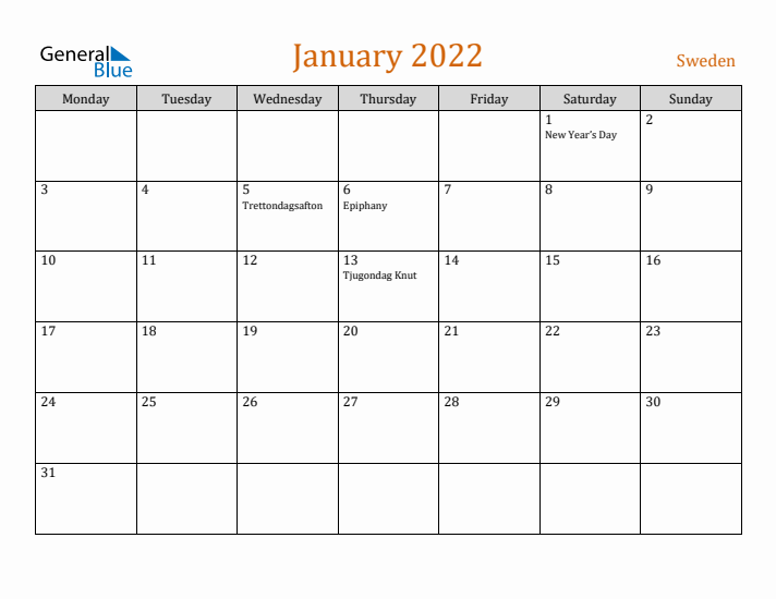 January 2022 Holiday Calendar with Monday Start