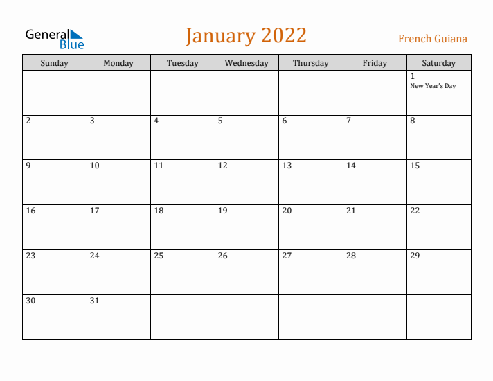 January 2022 Holiday Calendar with Sunday Start