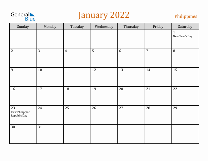 January 2022 Holiday Calendar with Sunday Start