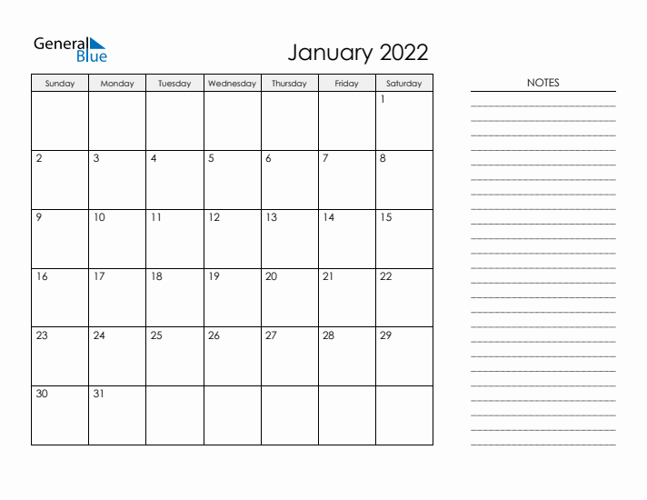 Printable Monthly Calendar with Notes - January 2022