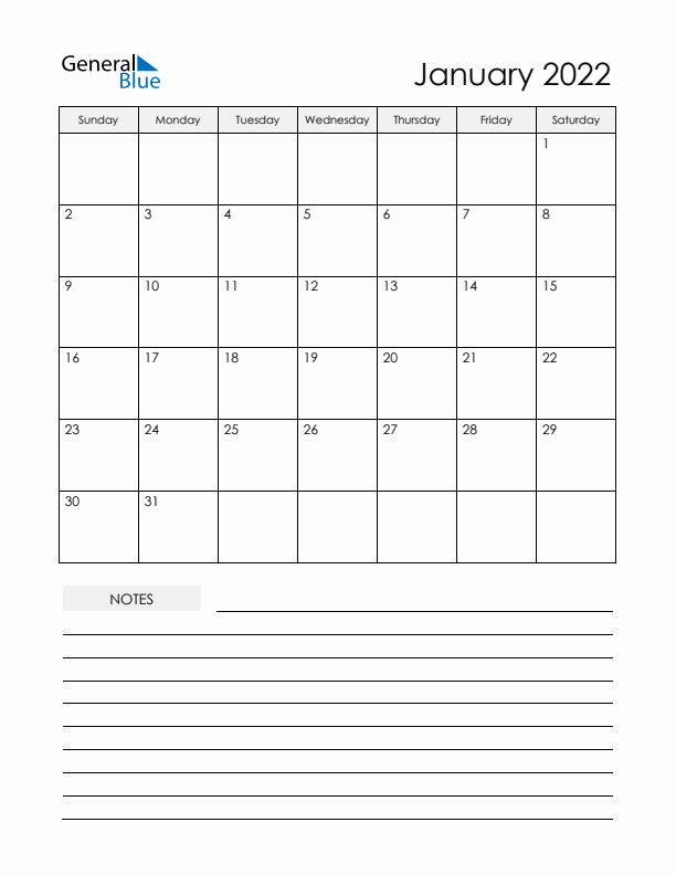 Printable Calendar with Notes - January 2022 