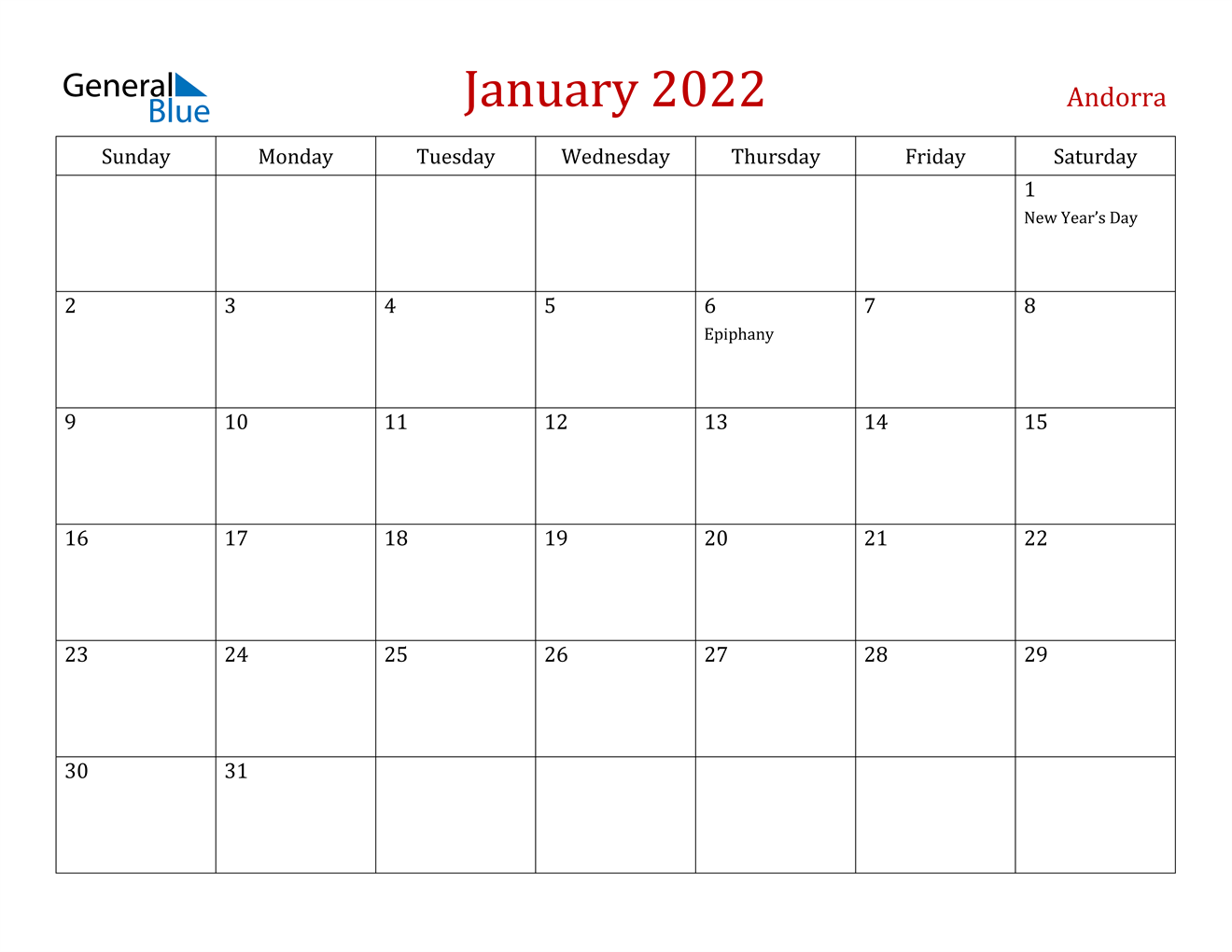 January 2022 Calendar - Andorra