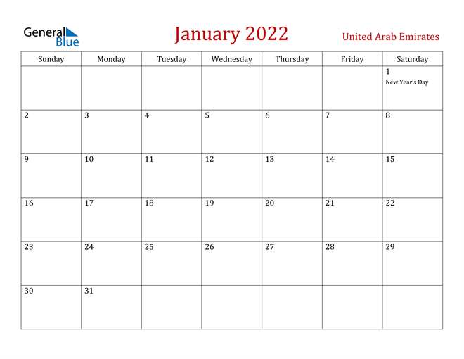 United Arab Emirates January 2022 Calendar