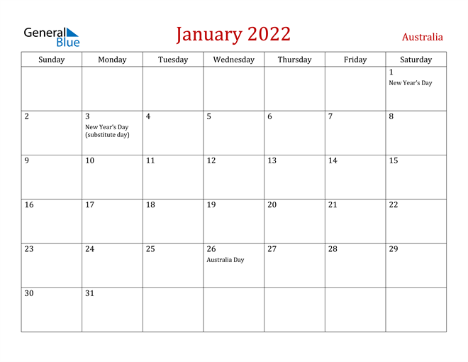 Australia January 2022 Calendar