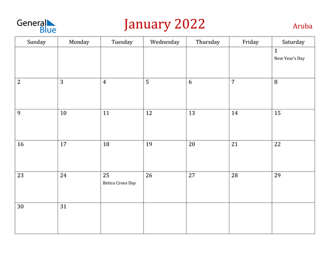 Aruba January 2022 Calendar
