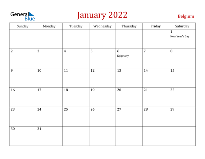 Belgium January 2022 Calendar