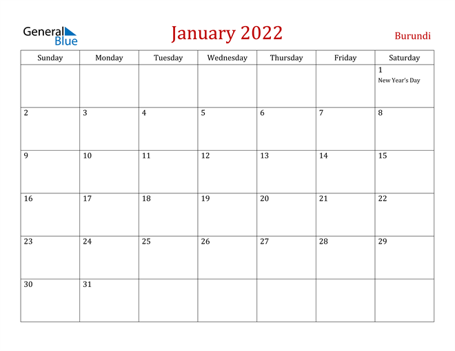 Burundi January 2022 Calendar