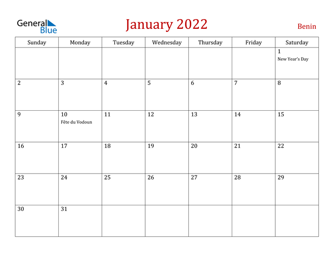 Benin January 2022 Calendar
