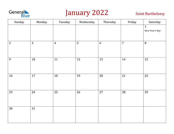 Saint Barthelemy January 2022 Calendar