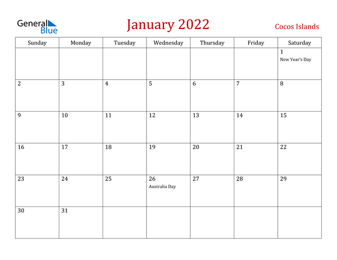 Cocos Islands January 2022 Calendar