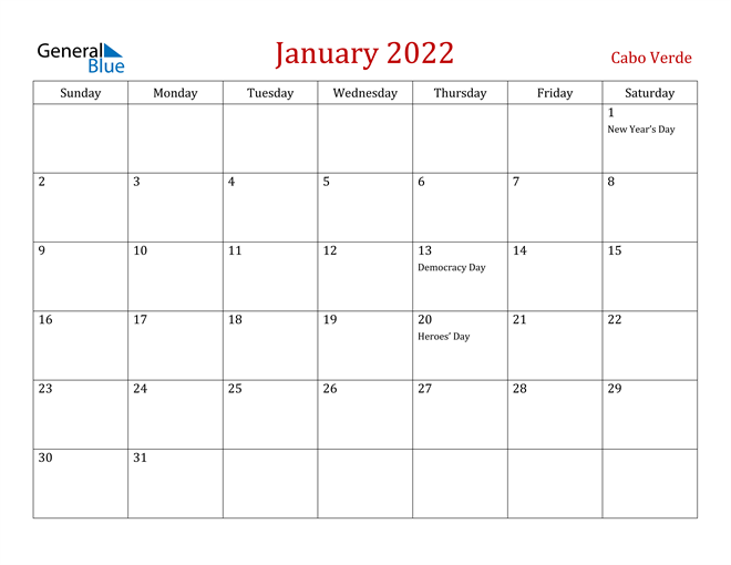 Cabo Verde January 2022 Calendar