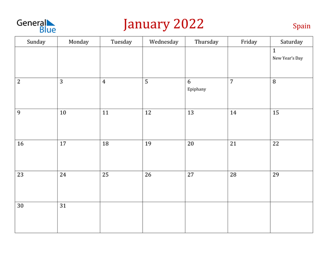 Spain January 2022 Calendar With Holidays