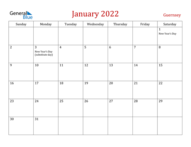 Guernsey January 2022 Calendar