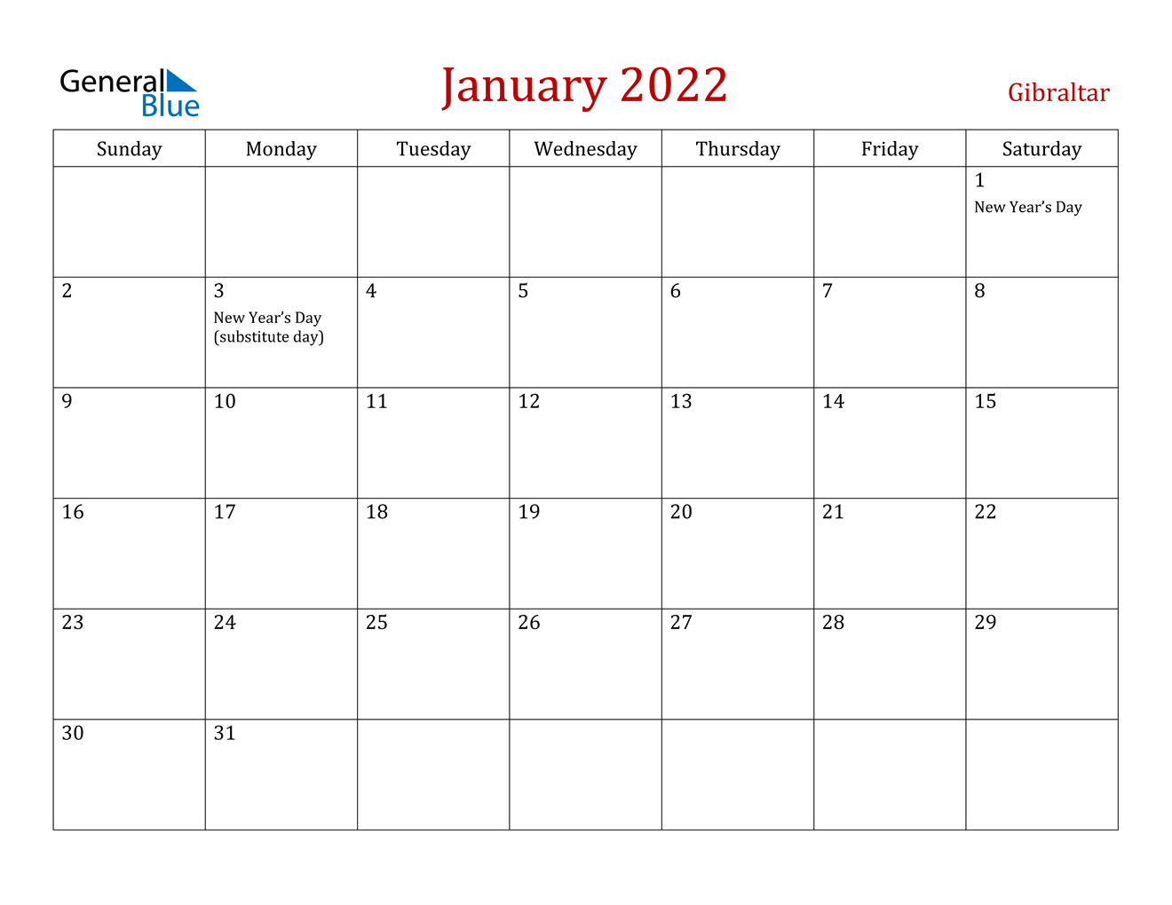 january 2022 calendar gibraltar