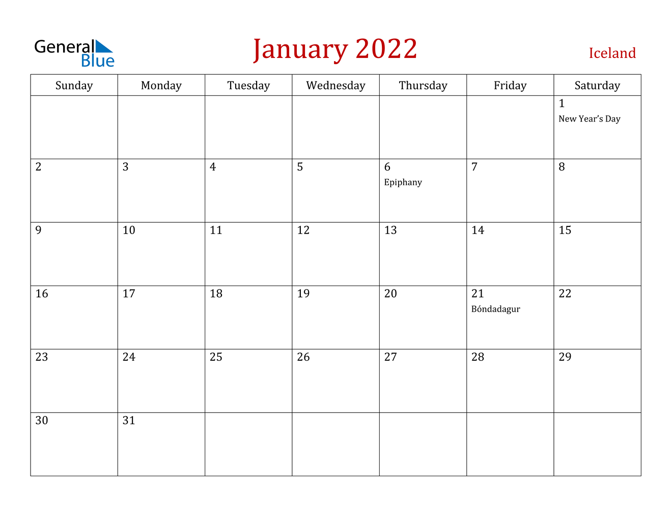 january 2022 calendar iceland