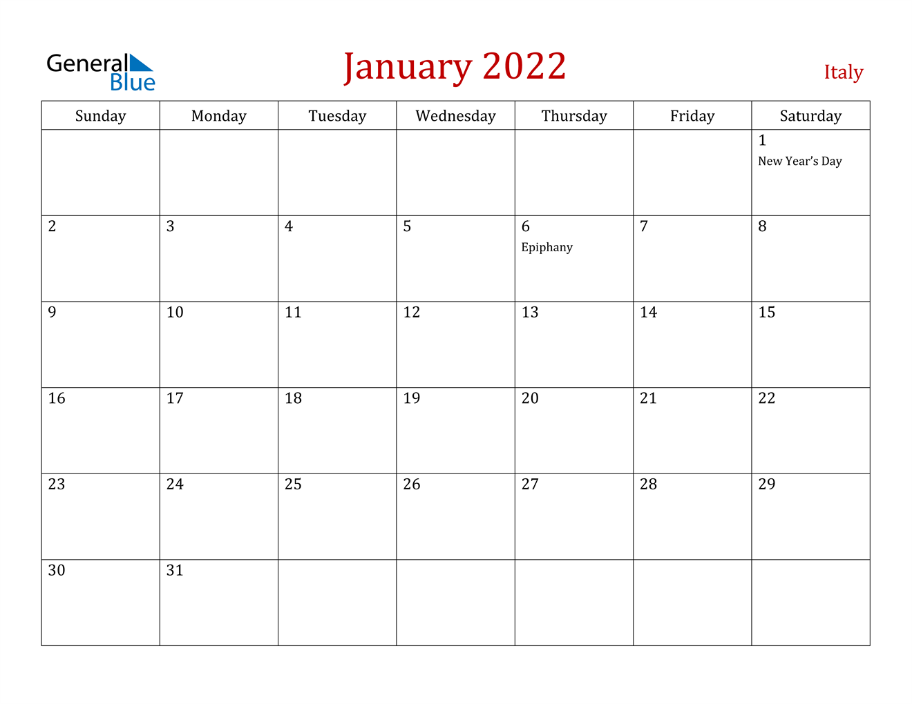 january 2022 calendar italy