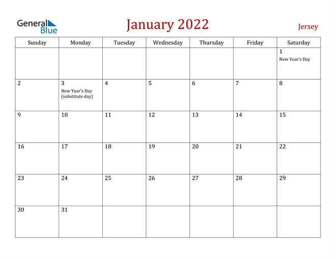 Jersey January 2022 Calendar