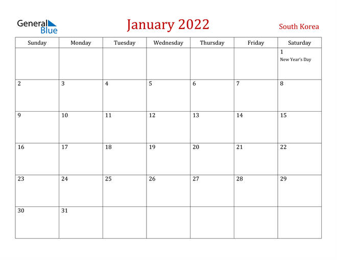 South Korea January 2022 Calendar