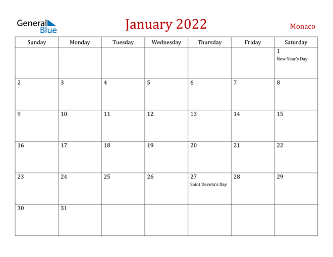 Monaco January 2022 Calendar