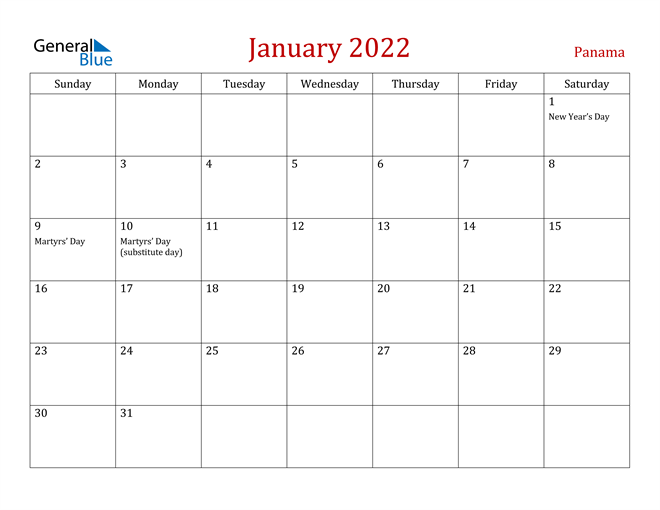 Panama January 2022 Calendar