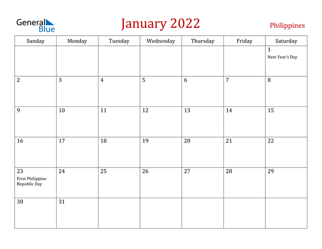 philippines january 2022 calendar with holidays