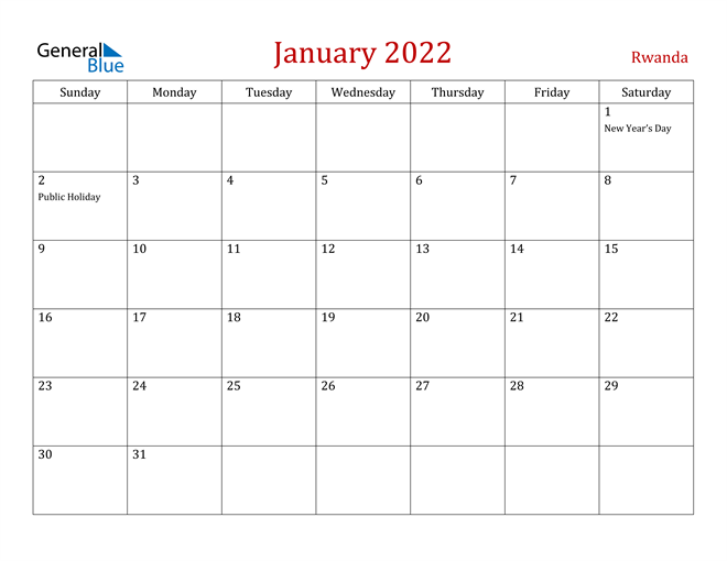 Rwanda January 2022 Calendar
