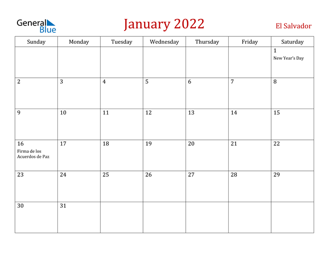 El Salvador January 2022 Calendar