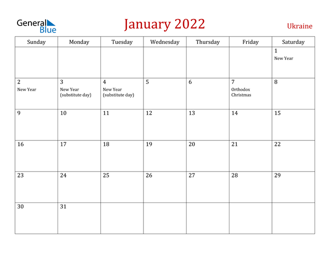 Ukraine January 2022 Calendar