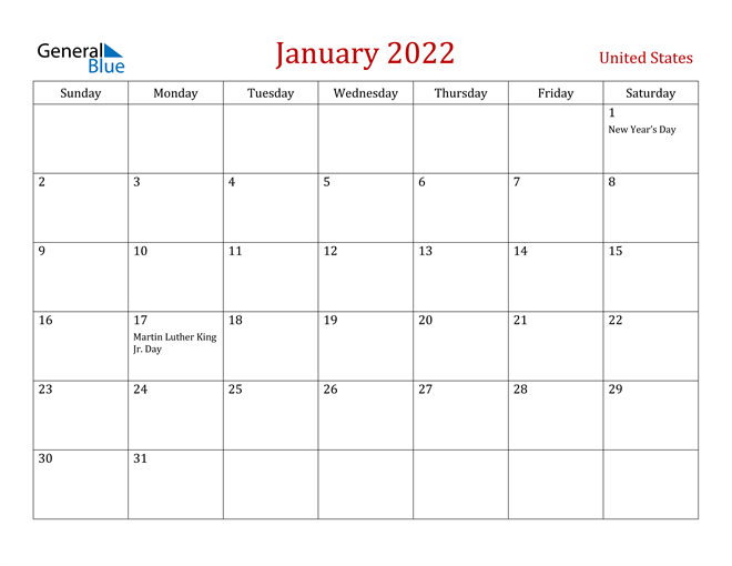 january 2022 calendar with united states holidays