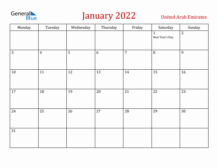 United Arab Emirates January 2022 Calendar - Monday Start