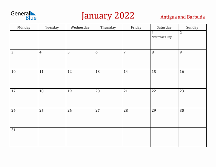 Antigua and Barbuda January 2022 Calendar - Monday Start