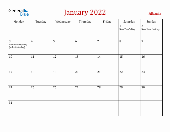 Albania January 2022 Calendar - Monday Start