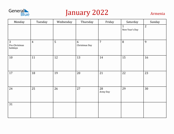 Armenia January 2022 Calendar - Monday Start