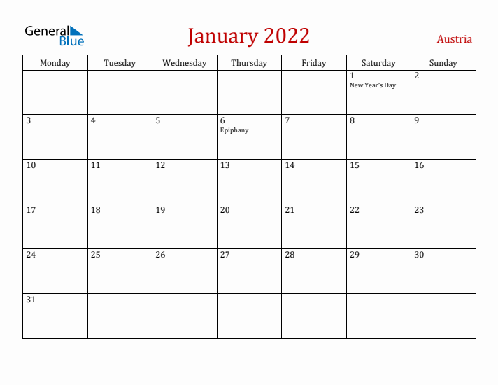 Austria January 2022 Calendar - Monday Start