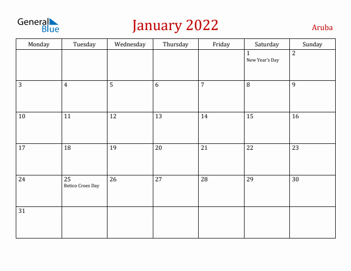 Aruba January 2022 Calendar - Monday Start