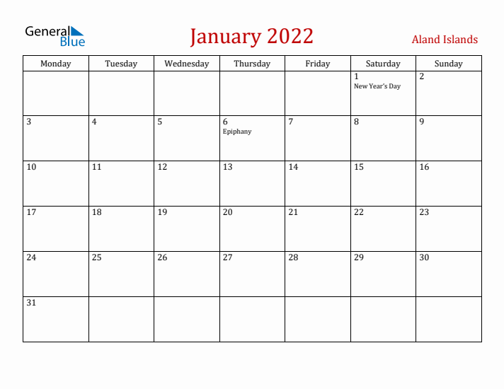 Aland Islands January 2022 Calendar - Monday Start