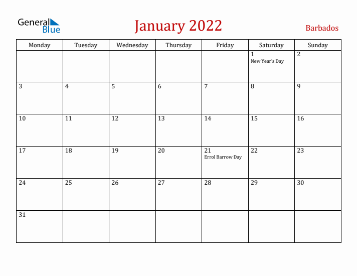 Barbados January 2022 Calendar - Monday Start
